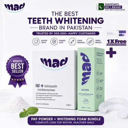 MAD PAP+ Teeth Whitening Powder and Whitening Foam + FREE 1X PURPLE STRIP (Best Seller)